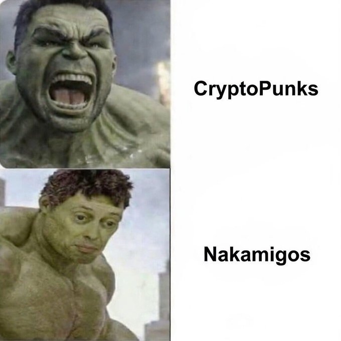 Hulk meme comparing CryptoPunks (angry Hulk) to Nakamigos (smug Hulk), referencing NFT collections.