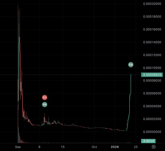 A financial chart displays a dramatic price spike reaching approximately 0.00020000 at the start of September, followed by a prolonged decline to near-zero levels through October 2025, before staging a sharp recovery upward to 0.00008929, aligning with the post's mention of catching strong momentum plays via the "Revival Radar."