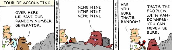 A Dilbert comic strip titled 'TOUR OF ACCOUNTING' where Dilbert points to a rock, and a demon asks 'NINE NINE NINE NINE NINE NINE' before Dilbert asks if it's random.