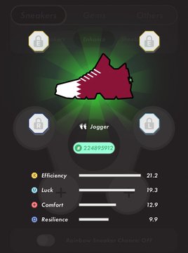 The image shows a screen with an advertisement for sneakers, featuring a red shoe design. The background of the advertisement displays a green light, creating a vibrant atmosphere. There are three different types of sneakers displayed, each with unique features such as speed, comfort, and rain resistance. A user's name is also shown in the image, along with their current level or rank within the sneaker collection.