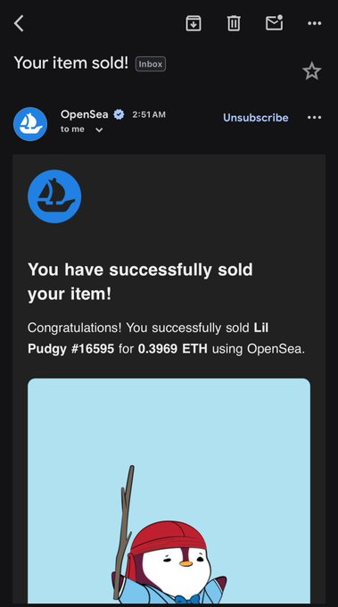 An email screenshot from OpenSea notification 'Your item sold!' confirming a successful sale of 'Lil Pudgy #16595' for 0.3969 ETH.