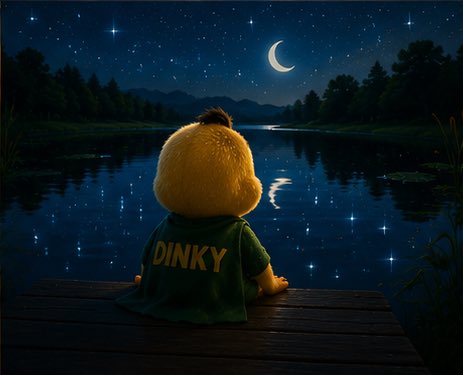 A digital illustration shows a yellow, round character named "DINKY" sitting on a wooden dock, looking out at a starry night sky with a crescent moon over a calm lake.