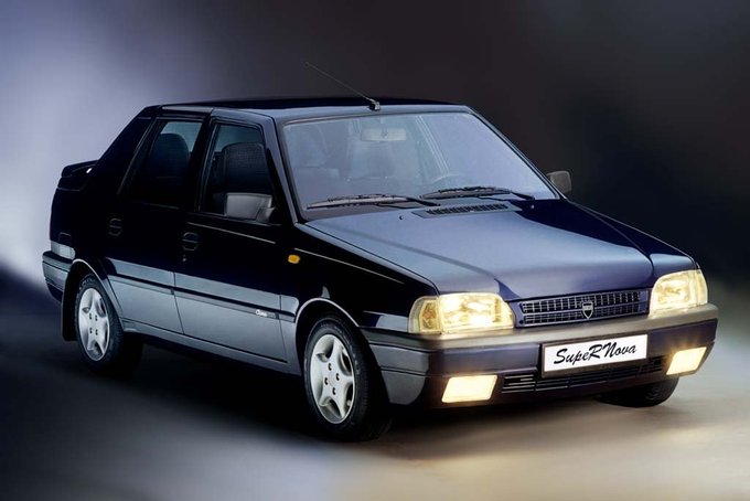 A dark blue/black sedan is shown in a promotional photo with 'Super Nova' written on the license plate area.