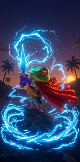 A digital illustration of an anthropomorphic green frog dressed as a wizard or warrior, wearing a red cape and wielding a glowing blue energy sword with electric rings on a tropical beach at sunset.