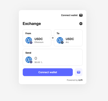 An LI.FI-powered cryptocurrency exchange interface allowing users to swap USDC on Ethereum to USDC on Arc, with a 'Connect wallet' button and zero send amount displayed.