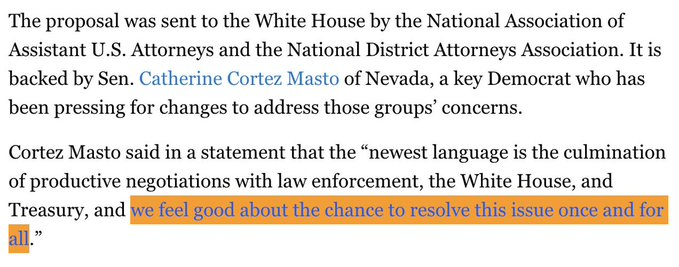 The image shows a news excerpt discussing a proposal sent to the White House by the National Association of Assistant U.S. Attorneys and the National District Attorneys Association, backed by Sen. Catherine Cortez Masto of Nevada. The highlighted portion features her quote: "we feel good about the chance to resolve this issue once and for all," directly corresponding to the accompanying post about her support for the new CLARITY Act proposal.