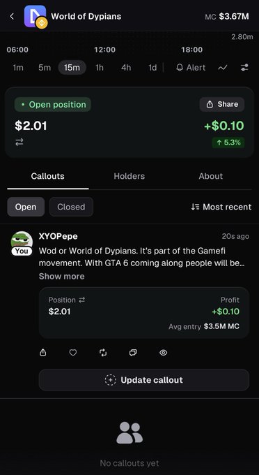 A mobile app interface showing a crypto token called 'World of Dypians' with a market cap of $3.67M, displaying a current price of $2.01 (+$0.10, +5.3%) and a callout from user XYOPepe about the GameFi movement.