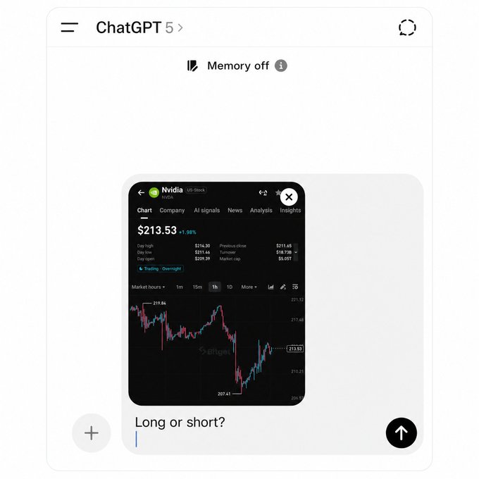 A user has shared a screenshot of an Nvidia stock chart showing NVDA at $213.53 (-1.96%) and asked ChatGPT whether to "Long or short?" ahead of the upcoming NVDA earnings, testing the AI's take on the trade direction.