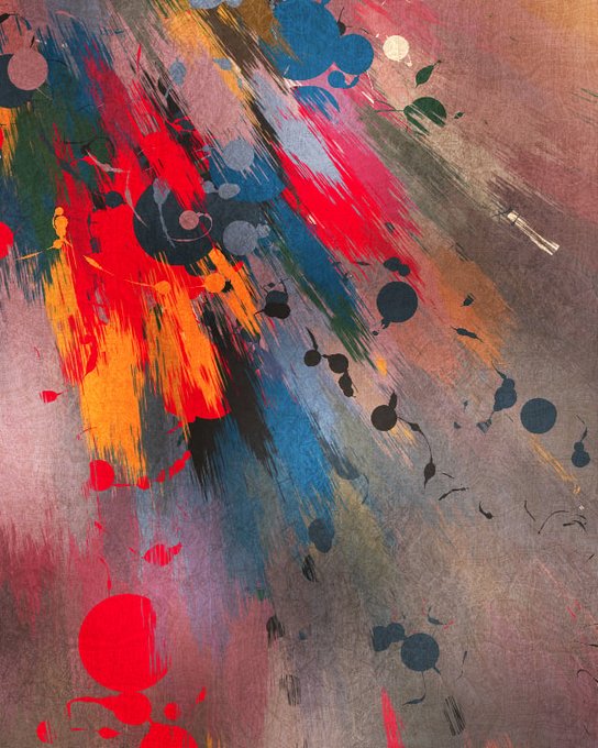 An abstract digital painting featuring dynamic, diagonal brushstrokes in red, orange, yellow, blue, and black, with scattered circular paint splatters over a textured brown background.