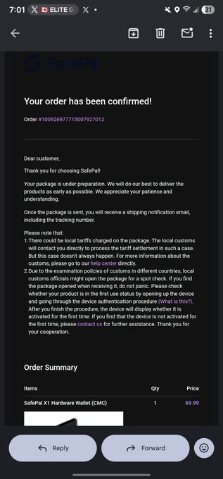 An email screenshot from SafePal confirms an order (#100926977715007927012) for a "SafePal X1 Hardware Wallet (CMC)" at a price of 69.99, with notes about customs tariffs and authentication procedures.