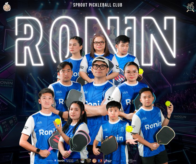 A promotional poster for the Sprout Pickleball Club featuring a team in matching blue 'Ronin' jerseys, posed together with paddles and pickleballs against a dark stadium-themed background with large 'RONIN' text.