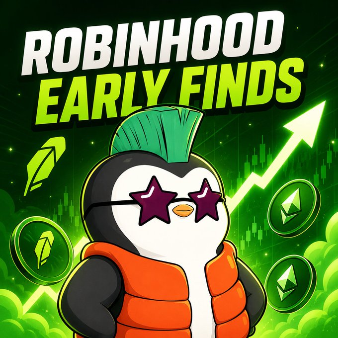 Digital artwork featuring a penguin character with a green mohawk and star-shaped sunglasses wearing an orange vest, with the text 'ROBINHOOD EARLY FINDS' alongside crypto-themed coins and a rising green arrow chart.