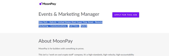 A job listing for MoonPay for an 'Events & Marketing Manager' position based in New York (Hybrid/Remote) in the Marketing/Communications category, tagged as Full Time.
