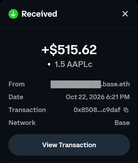 A Base transaction receipt shows “Received” **+$515.62** for **1.5 AAPLc** on the **Base** network, dated **Oct 22, 2026 6:21 PM**, with a “View Transaction” button. It illustrates the post’s claim that an uncle sent Apple stock as a Dashain gift from the US to Nepal in seconds with zero fees using Base.