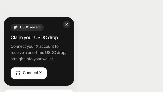A "USDC reward" pop-up on a dark interface prompts users to "Claim your USDC drop" by connecting their X account for a one-time USDC deposit into their wallet. The image represents the now-expired PayBox USDC airdrop offer that the post says ended after users exploited it with multiple accounts.
