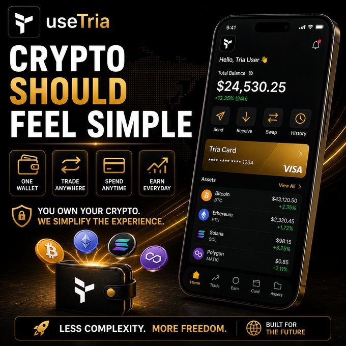 An advertisement for 'useTria' crypto app with the slogan 'CRYPTO SHOULD FEEL SIMPLE,' showing a phone interface with a balance of $24,530.25 and various cryptocurrencies like Bitcoin, Ethereum, Solana, and Polygon.