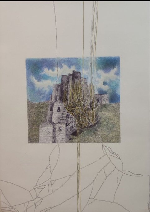A mixed media artwork combining a printed image of a stone tower with blue sky, overlaid with tangled yellow thread and pencil sketches.