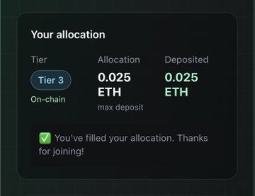 The image displays a "Your allocation" panel showing a Tier 3 On-chain status with 0.025 ETH allocated and 0.025 ETH deposited, confirming the max deposit has been met with a message thanking the user for joining. The visual relates to the gPaper context by documenting a completed ETH allocation/deposit, likely as part of a token sale or airdrop participation associated with the gPaper project.