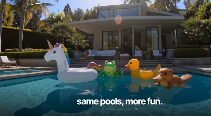 A sunny poolside scene features a colorful assortment of inflatable pool toys—including a unicorn, frog, duck, and platypus—floating in a luxurious infinity pool in front of a modern home, with the text "same pools, more fun. coming soon on" displayed below. The image promotes the "Platypus" token ($platypus), playfully tying its animal mascot into the pool-float lineup.