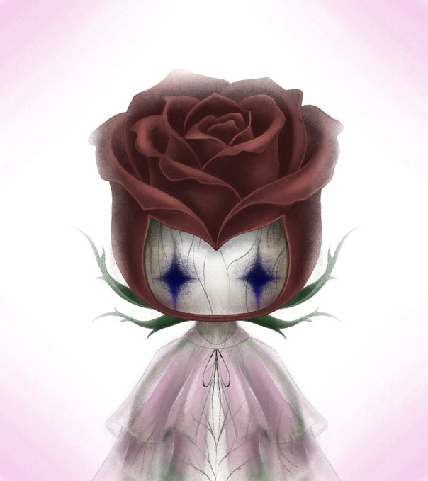 An artistic illustration of a surreal figure with a dark red rose for a head, featuring a pale face with blue star-like markings on the cheeks, wearing a translucent lavender garment.