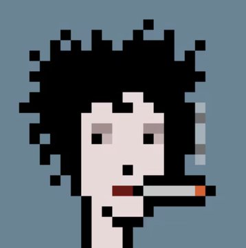 A pixel art portrait of a pale figure with messy black hair holding a cigarette in their mouth, against a gray-blue background. The simple, smoking character contrasts with the "CryptoPunks" NFT collection it references, serving as a "normie" (ordinary person) counterpart to the iconic stylized punks.