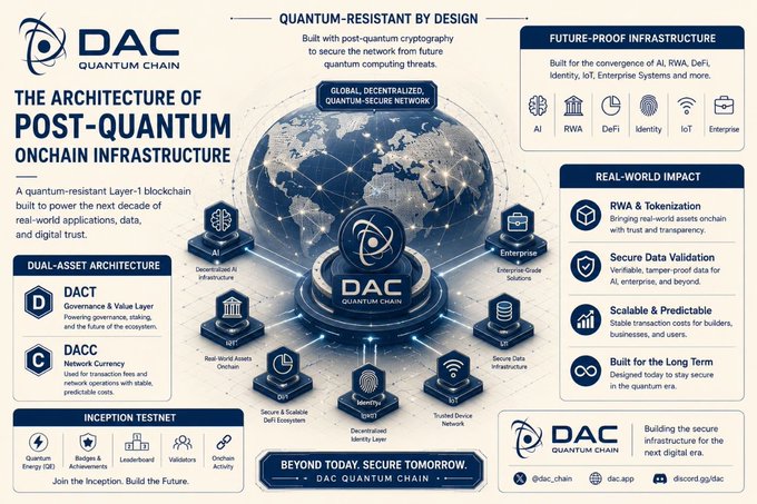 The infographic, titled "The Architecture of Post-Quantum Onchain Infrastructure," promotes DAC Quantum Chain ($DACT/DACC) as a quantum-resistant Layer-1 blockchain featuring dual-asset governance and value infrastructure designed to secure AI, RWA, DeFi, Identity, and IoT networks against future quantum computing threats. It visually reinforces the accompanying post's argument that blockchain security must be evaluated with a long-term horizon, as quantum computing will eventually challenge today's cryptographic assumptions.