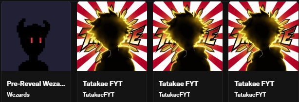 Four character profile cards are displayed: a black silhouette labeled 'Pre-Reveal Weza...' and 'Wezards' with red eyes, followed by three identical cards with yellow silhouettes on red sunburst backgrounds labeled 'Tatak ae FYT' and 'Tatak aeFYT'.