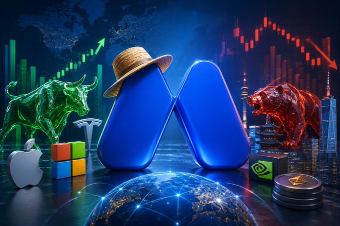 A stylized 3D illustration depicting financial markets with a large blue 'M'-shaped logo wearing a straw hat in the center, flanked by a green glass bull on the left and a red glass bear on the right, set against a backdrop of stock charts, a world map, and corporate logos including Apple, Microsoft, Nvidia, and Ethereum.
