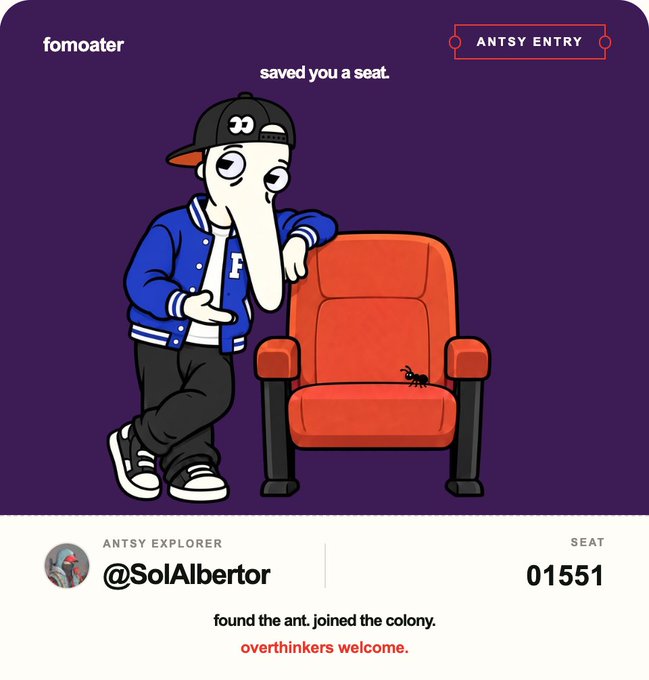 A digital illustration titled 'ANTSY ENTRY' shows a cartoon character in a blue jacket and cap leaning against an orange theater seat that contains a single ant, with text reading 'saved you a seat' and 'overthinkers welcome.'