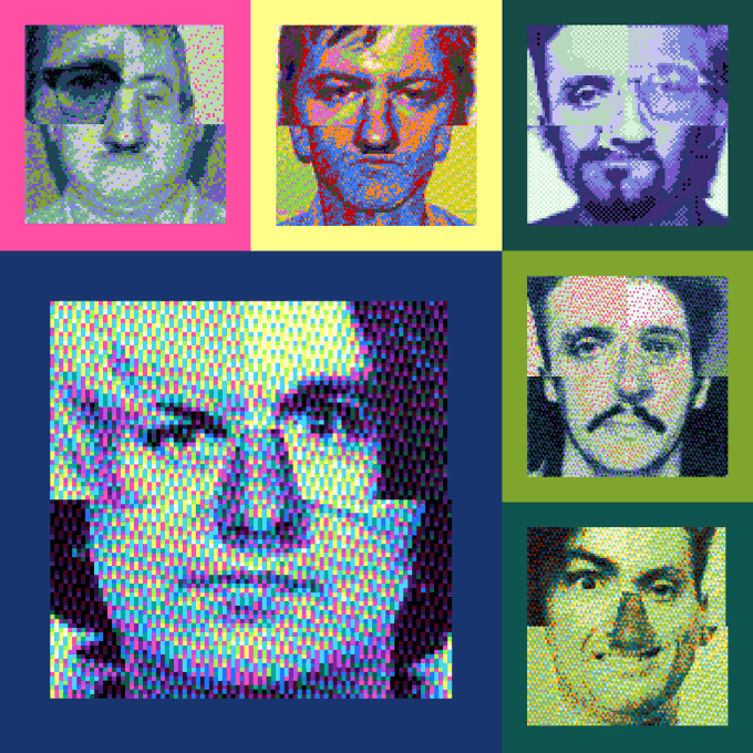 A pop art-style collage featuring five stylized portraits of men, including one large image of a man with glasses, all rendered with a halftone dot pattern in various bright colors.