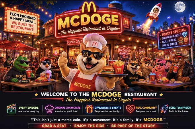 A vibrant promotional graphic for 'MCDOGE - The Happiest Restaurant in Crypto,' featuring a dog chef mascot in McDonald's-style branding with references to Elon Musk, Dogecoin, and special items like 'Diamond Burger' and 'Moon Shake.'