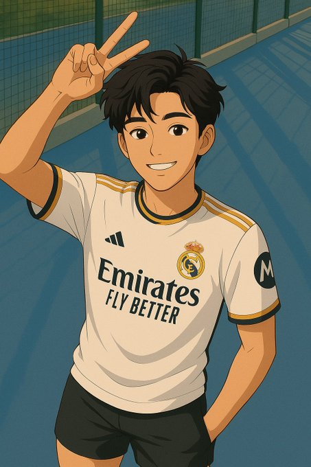 An anime-style illustration of a young man with dark hair wearing a Real Madrid 'Emirates Fly Better' jersey, making a peace sign while standing on a tennis court.