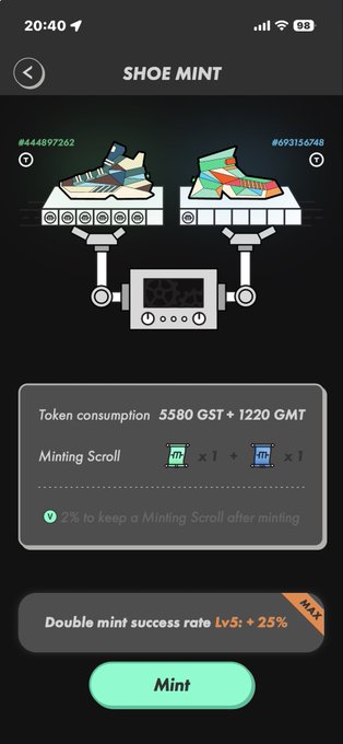 The image shows a black background with white text, including a description of a shoe mint app that allows users to trade shoes using tokens. The app has two different shoe designs displayed, one on top of the other, which are being compared for trading purposes. The app also provides information about the token consumption and minting process, as well as tips on how to maximize the return on investment in the shoe minting business.