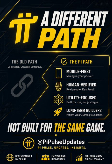 A promotional graphic titled 'A Different Path' contrasts 'The Old Path' (Centralized, Crowded, Extractive) with 'The Pi Path' (Mobile-First, Human-Verified, Utility-Focused, Long-Term Builders), featuring the Pi logo and the handle @PiPulseUpdates.