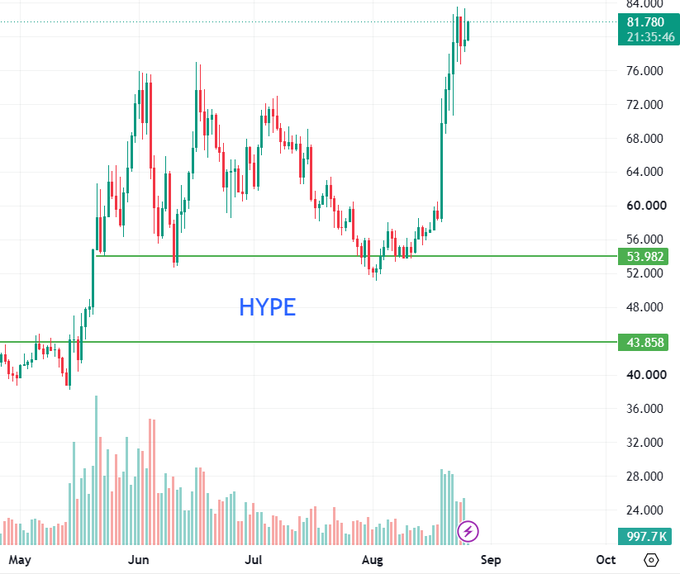 A candlestick chart showing price action from May to October, ranging roughly $40,000 to $84,000, with horizontal support levels at $43.858 and $53.982 and the word 'HYPE' marked in the middle.