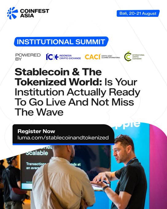 A promotional poster for Coinfest Asia's Institutional Summit in Bali on 20-21 August, powered by Indonesia Crypto Exchange, CACI, and ICC, titled 'Stablecoin & The Tokenized World: Is Your Institution Actually Ready To Go Live And Not Miss The Wave' with registration at luma.com/stablecoinandtokenized.