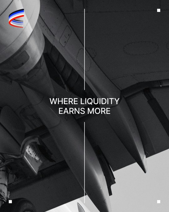 A grayscale close-up of a jet engine and wing underside serves as the backdrop for the white text "WHERE LIQUIDITY EARNS MORE," accompanied by a small logo in the top-left corner. The aviation imagery visually reinforces the post's message about Aerodrome, where liquidity providers can "elevate" their earnings by choosing between AERO token rewards or a larger share of swap fees.