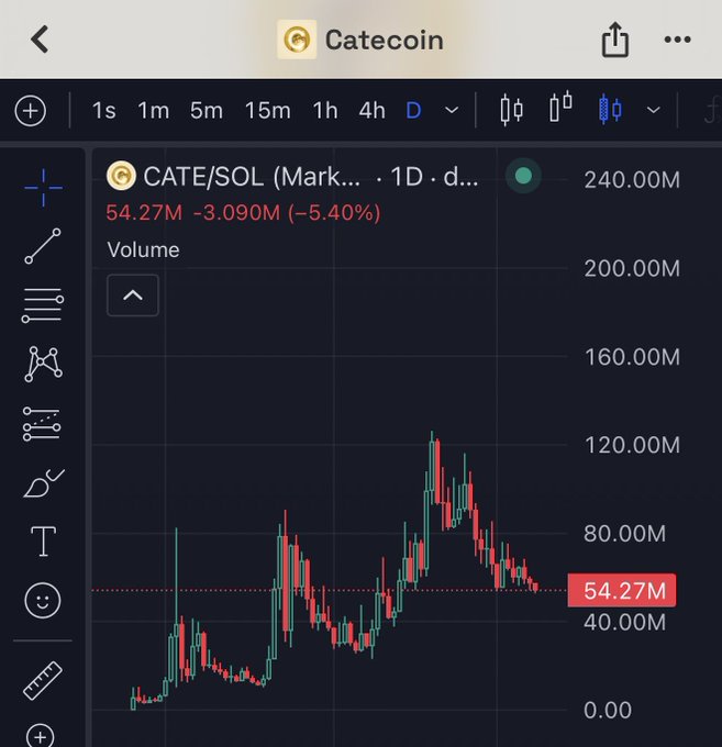 The image displays a TradingView candlestick chart for Catecoin (CATE/SOL) on a 1-day timeframe, showing a current price of 54.27M with a -5.40% decline and a notable volume spike near 120.00M. The dramatic volatility—ranging from near 0 to over 120M within the visible period—visually reinforces the post's message about the unpredictable outcomes ("zero or billions") one can only discover by holding through the wild swings.