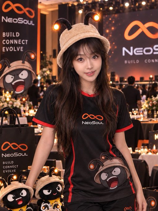 A young woman with long dark hair wears a black 'NeoSoul' t-shirt and a fuzzy hat with antenna-like protrusions at an event featuring 'BUILD CONNECT EVOLVE' branding, surrounded by plush toys of a character with a similar antennaed hat.