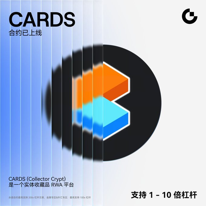A promotional graphic for 'CARDS' featuring a stylized logo with Chinese text reading '合约已上线' and 'CARDS (Collector Crypt) 是一个实体收藏品 RWA 平台', offering 1-10x leverage.