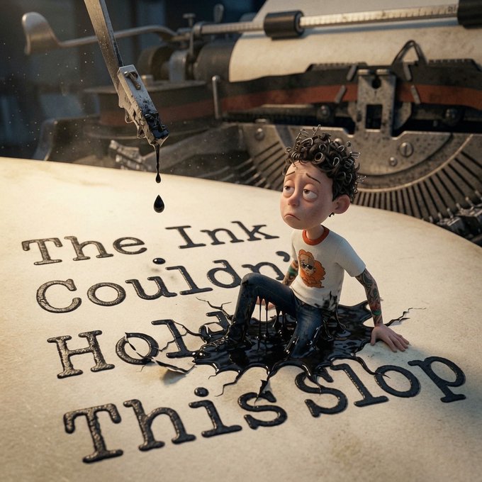 A 3D-rendered illustration of a small cartoon character sitting in a pool of black ink, with the text 'The Ink Couldn't Hold This Stop' written on paper beneath a dripping ink pen.