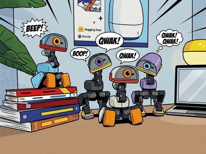 A colorful cartoon illustration shows several duck-like robots on a desk saying "BEEP!", "BOOP!", and "QWAK! QWAK!", with a poster referencing "Hugging Face" and "POLLEN" in the background. The playful robotic ducks visually represent the $Microduck NFTs, with the cheerful "QWAK!" sounds symbolizing the optimistic sentiment about its 13-15M floor price holding strong.