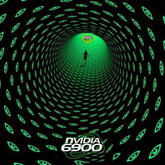 A surreal green tunnel lined with NVIDIA eye logos creates a hypnotic tunnel leading toward a distant figure and a "NVDAB" token, with "NVIDIA 6900" text displayed below—visually capturing the meme's positioning of $NVDA6900 as the cultural counterpart to NVIDIA's tokenized asset NVDAB on the BNB Chain.