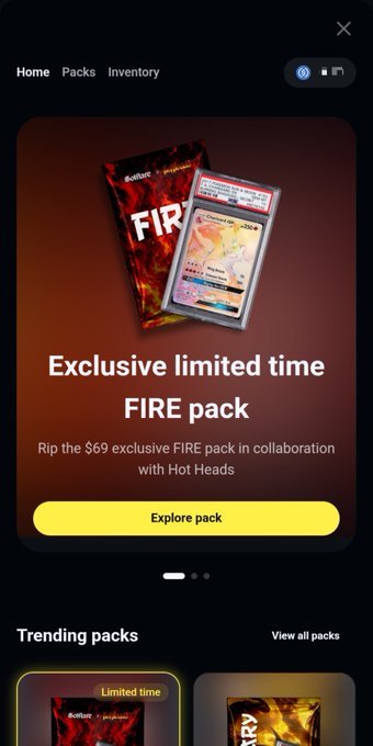 A mobile app screen advertising an 'Exclusive limited time FIRE pack' for $69 in collaboration with Hot Heads, featuring Pokémon card imagery and an 'Explore pack' button, with 'Trending packs' shown below.