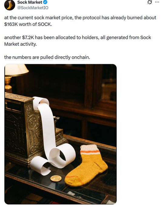 A tweet from @SockMarketIO reports that the protocol has burned ~$163K worth of $SOCK and allocated another $7.2K to holders from on-chain activity, shown alongside an image of an ornate cash register printing a receipt next to a yellow sock and coin. This ties into the post's comparison of $SOCK and $PONS as buyback-driven launchpad tokens, where platform fees are burned and rewarded to holders much like the register "printing" value back to users.
