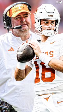 Texas football coach in a white Texas-branded shirt and visor stands behind quarterback Arch Manning, wearing jersey number 16 and a white Longhorns helmet, as he prepares to throw a football—tying into the post's question of whether Manning will secure a win for the road favorite Longhorns against No. 14 Tennessee.