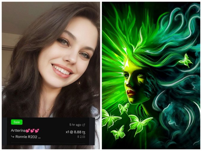 A split image showing a smiling woman on the left with a crypto sale notification for 'Artterina' and a vibrant green digital artwork of a woman with flowing green hair and butterflies on the right.