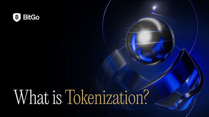 BitGo's "What is Tokenization?" banner features a metallic sphere with glowing blue accents encircled by orbital rings against a dark background, visually symbolizing the transformation of physical, real-world value into secure digital blockchain assets. The imagery reinforces the post's message of converting tangible ownership rights into verifiable, transferable digital tokens.