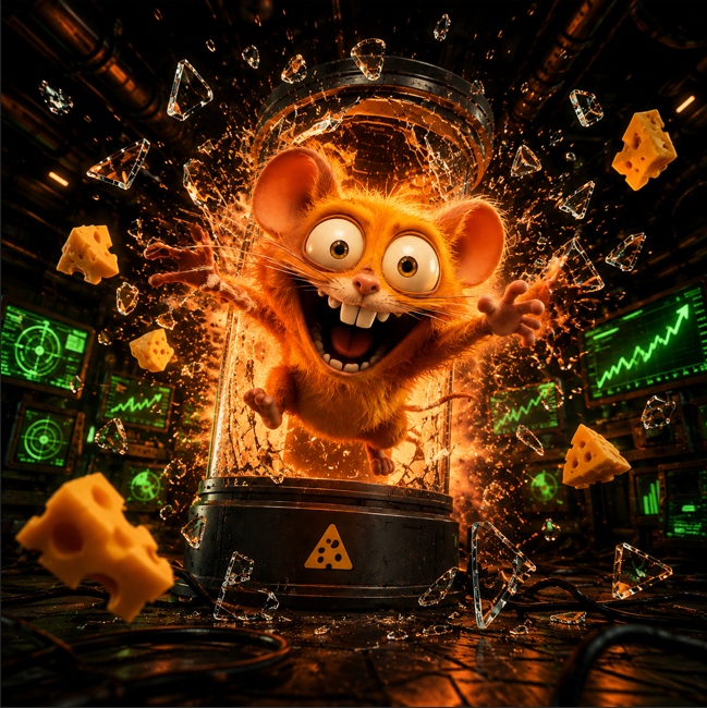 A 3D rendered, cartoonish orange mouse bursting out of a metallic container in a laboratory setting, surrounded by floating shards of glass and pieces of cheese.