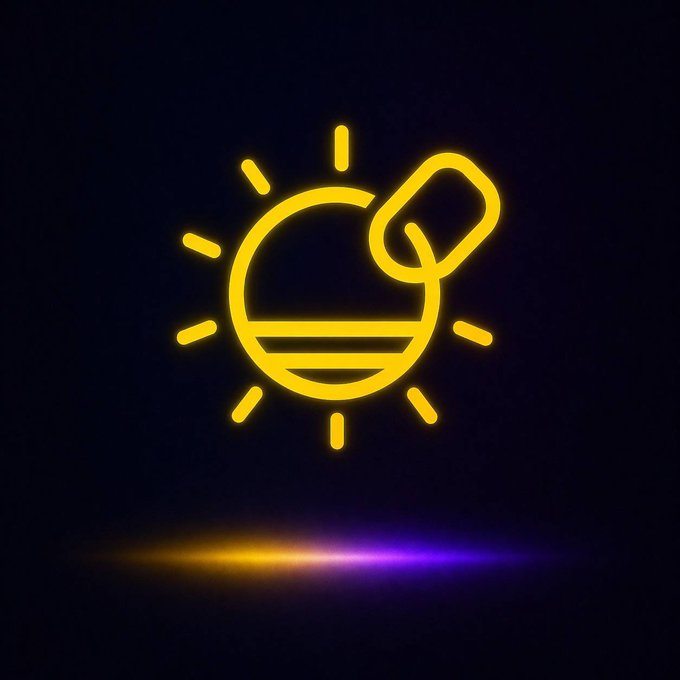 A glowing yellow neon-style icon depicting a sun combined with a pill/capsule symbol, set against a dark background with a colorful purple and orange light reflection beneath it.